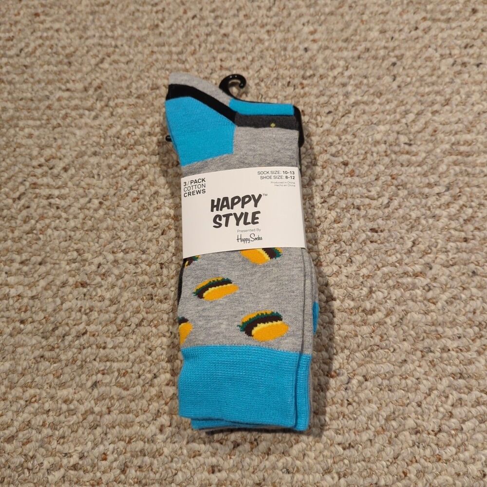 Happy Style Crew Socks Hamburger Polka Dots Stripes Size 10-13 Shoe 8-12